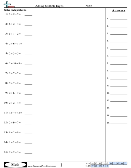 Addition Worksheets - Adding Multiple Digits worksheet